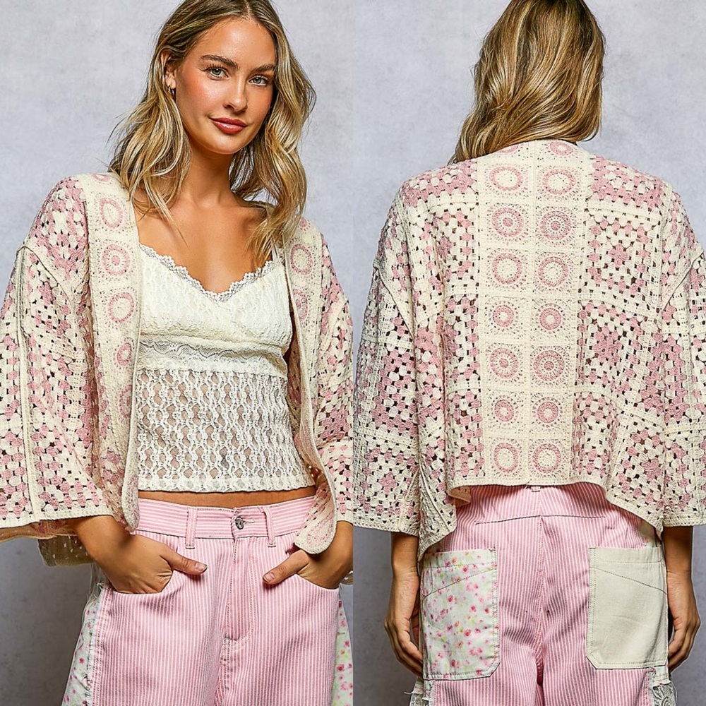 NEW POL Crochet Granny Square Cardigan Boho Pink Cream Oversized Kimono One Size